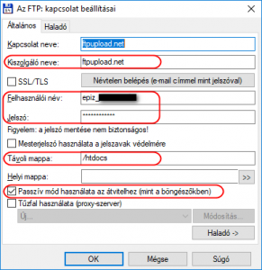 FTP kapcsolat beállításai